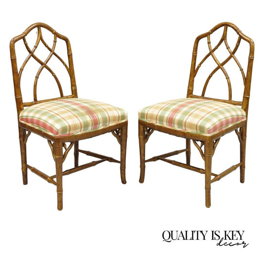 Vintage Chinese Chippendale Faux Bamboo Gold Gilt Hollywood Regency Side Chairs