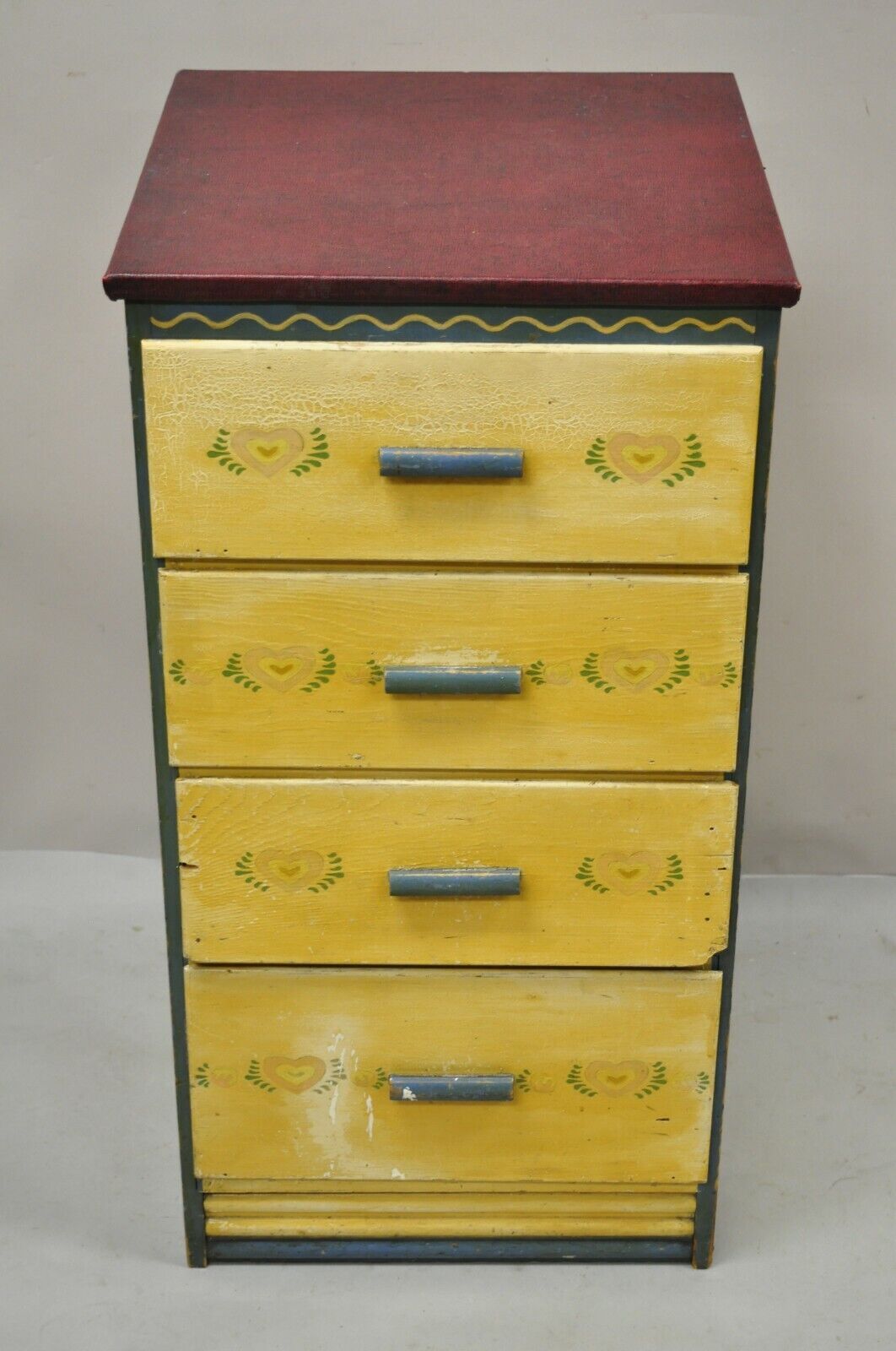 Antique Shabby Chic Yellow Green Distress Painted 4 Drawer Dresser Nightstand