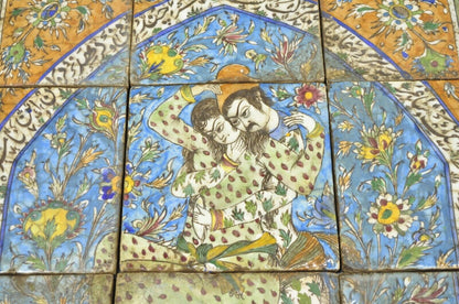 Antique Persian Iznik Qajar Style Ceramic Pottery Tile Man & Woman Mosaic Set C6