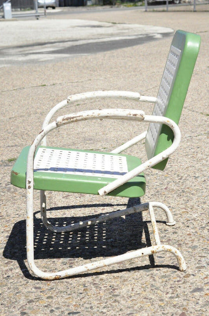 Art Deco Metal Basketweave Old Green White Porch Outdoor Spring Arm Chair