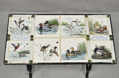 Antique Art Nouveau Wrought Iron Small Side Table with Duck Geese Tile Top