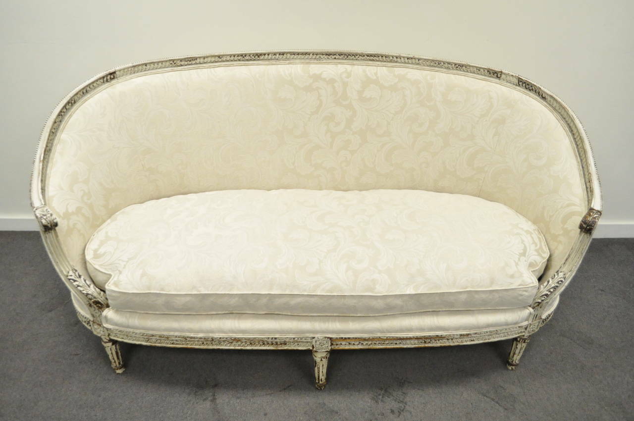 Antique French Louis XVI Style Distress-Painted Ovoid Carved Canapé Sofa