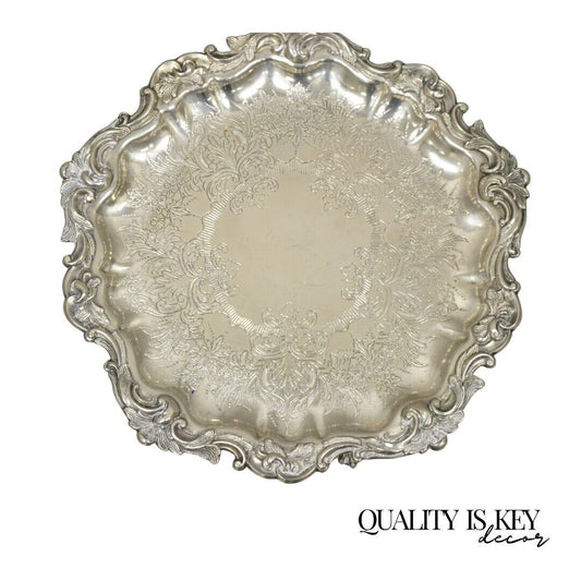 Victorian Silver Plated Small Scalloped Round Serving Platter Tray on Feet