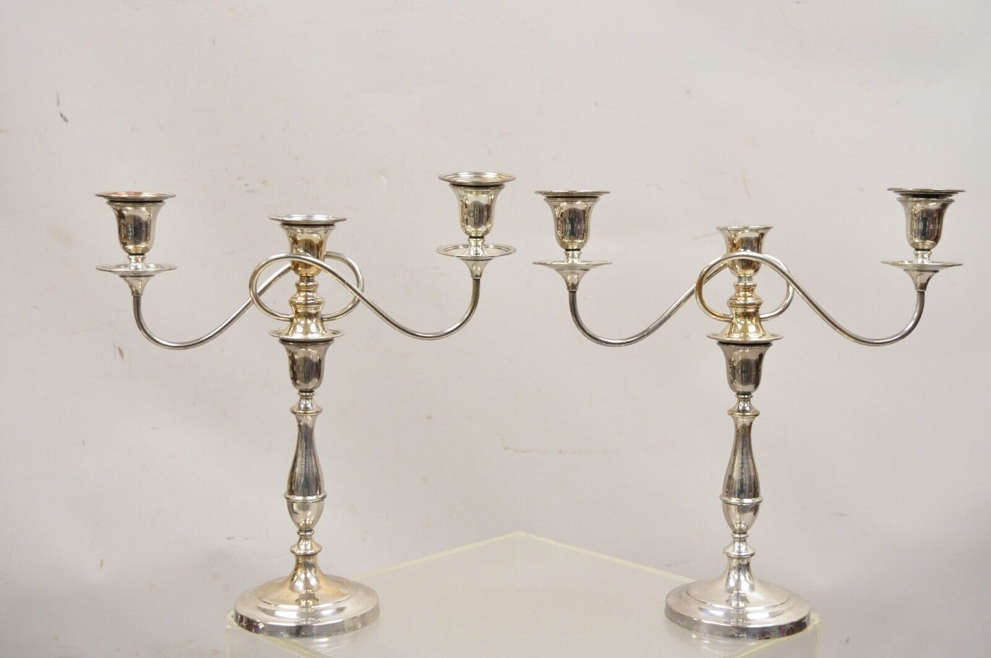 Vintage English Edwardian Silver Plated Scrolling Twin Arm Candelabra - Pair