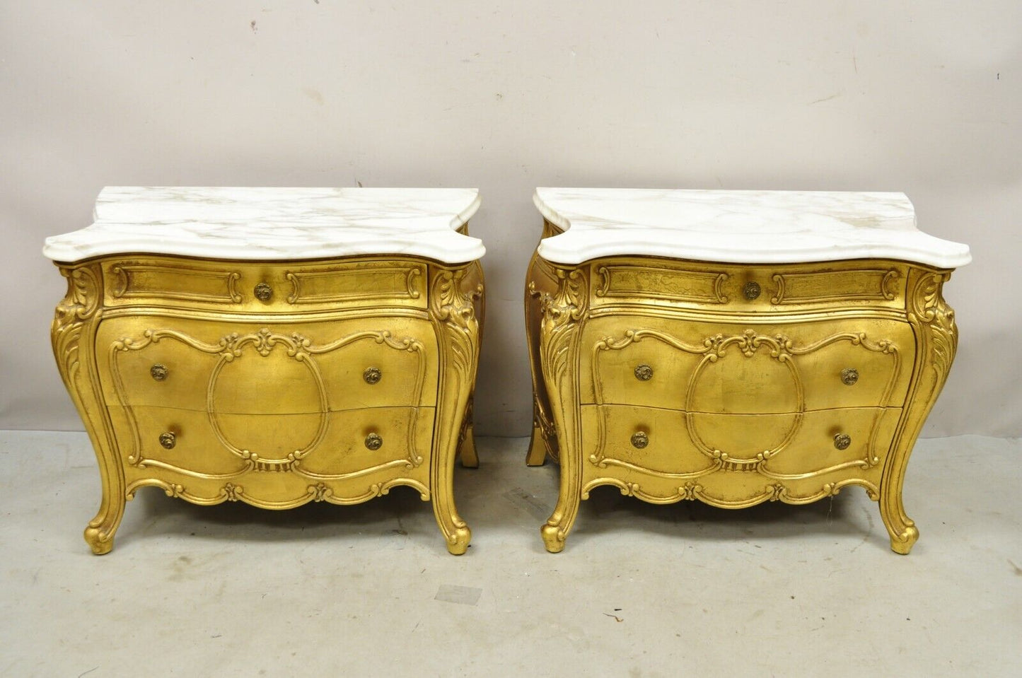 Vintage French Louis XV Style Gold Bombe Marble Top Nightstands - a Pair