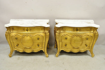 Vintage French Louis XV Style Gold Bombe Marble Top Nightstands - a Pair