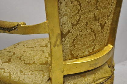 Vintage French Louis XVI Gold Leaf Balloon Back Fauteuil Arm Chairs - a Pair