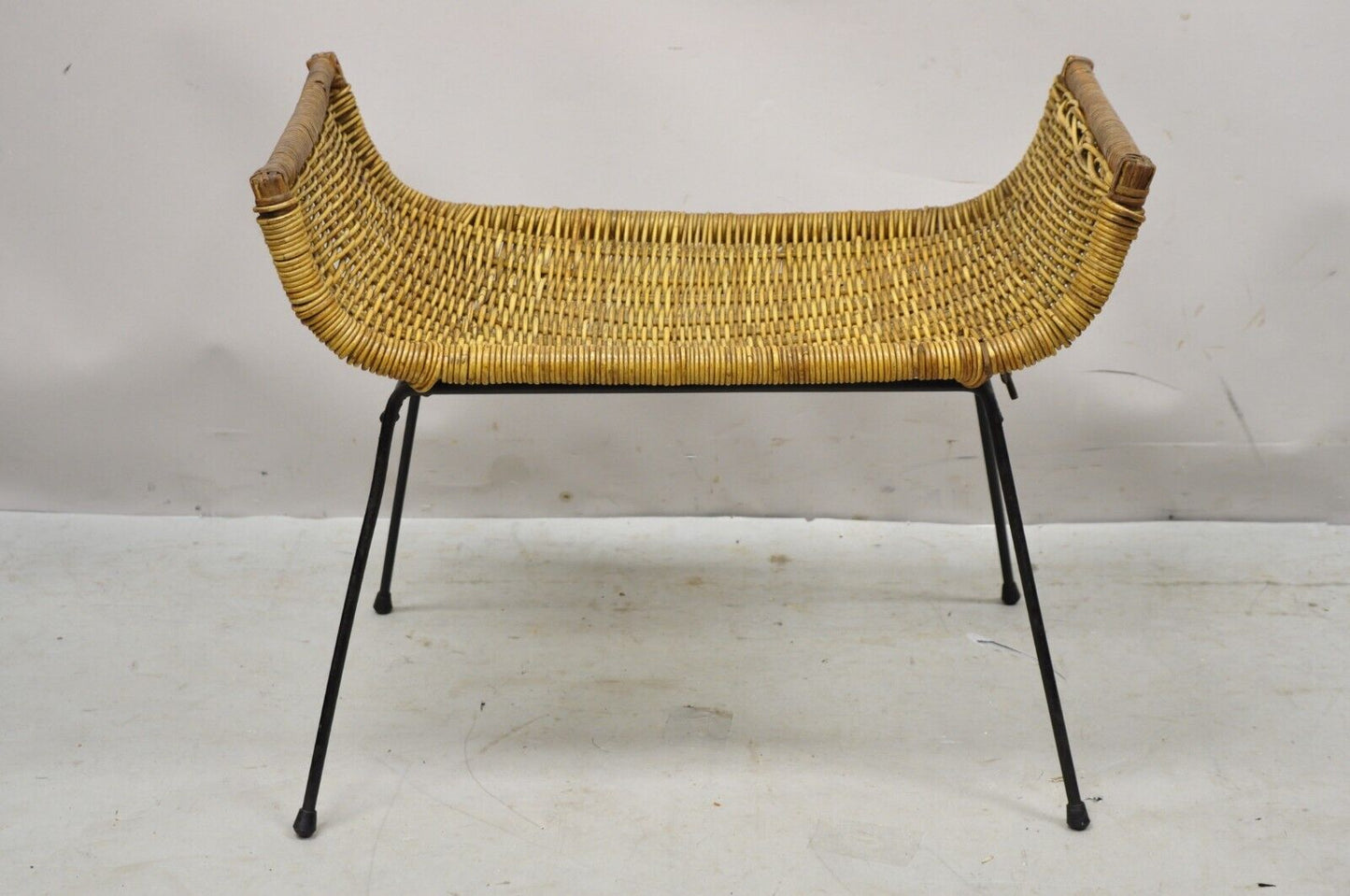 Danny Ho Fong Tropi-Cal Rattan and Wrought Iron Mid Century Ottoman Footstool