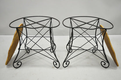 Pair French Art Nouveau Style Stool Bench Seats w/ Scrolling Wrought Iron Frame