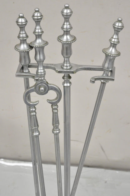 Vintage Silver Pewter Metal Federal Style Urn Finial Fireplace Tool Set-4 Pc Set