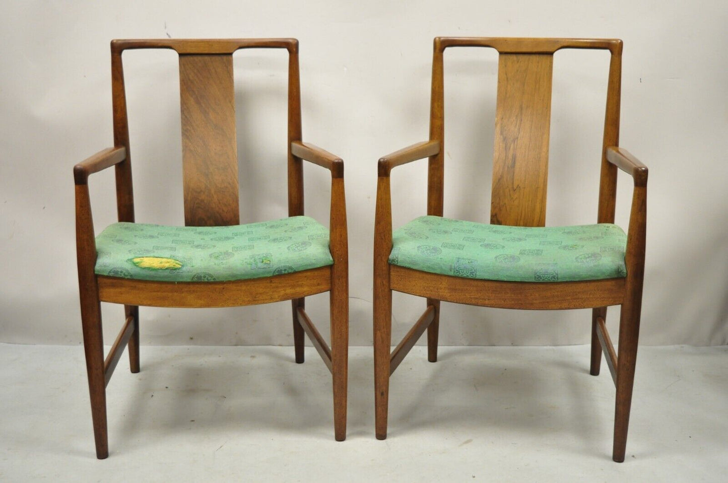 Mid Century Modern Walnut Curved Angled Back Dining Arm Chairs - a Pair