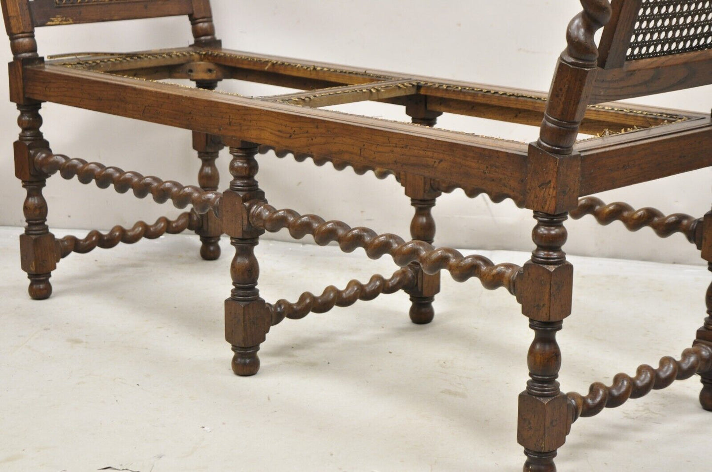 Vintage Oak Jacobean Style Barley Twist Stretchers 6 Leg Cane Window Bench