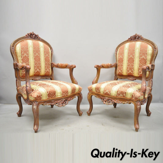 Pair of French Louis XV Style Repro Pink and Gold Bergere Lounge Arm Chairs