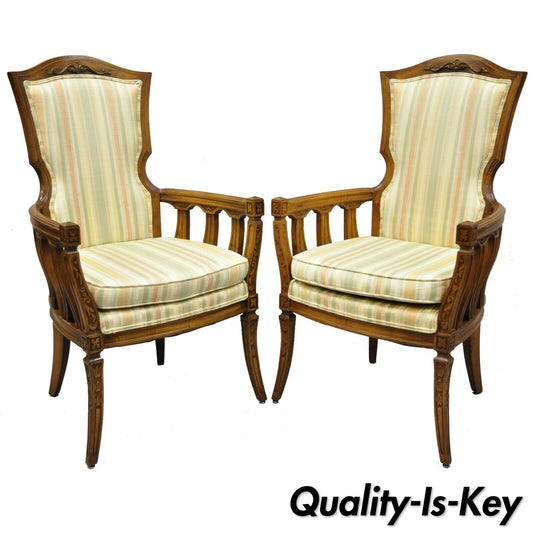 Pair of Vintage French Provincial Hollywood Regency Tall Back Lounge Arm Chairs