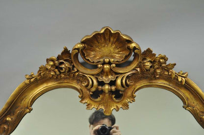 Large French Rococo Louis XV Style Shell and Floral Carved 65" Gold Wall Mirror