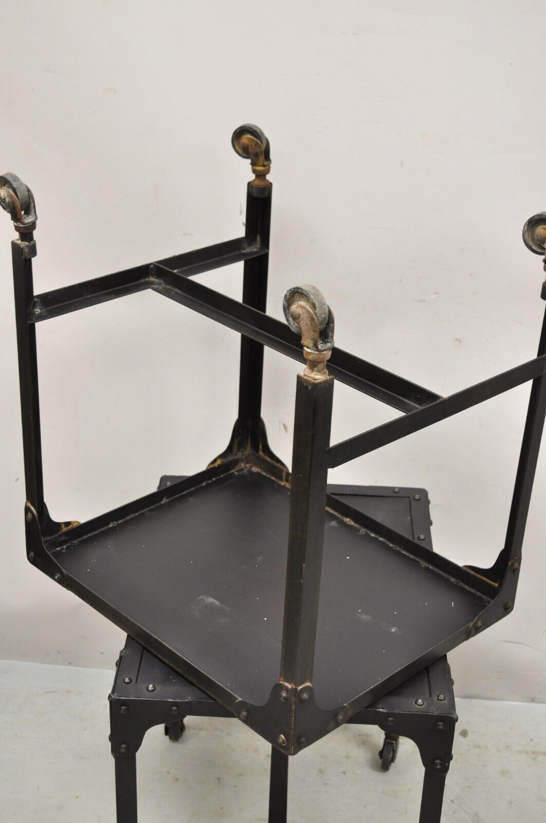 Decorator Industrial Vintage Style Steel Metal Side Tables on Wheels - a Pair