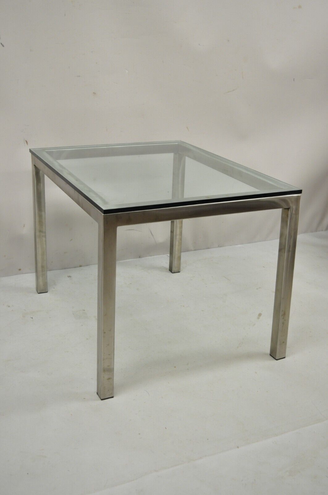 Mid Century Modern Brushed Metal Glass Top Baughman Style Side Table