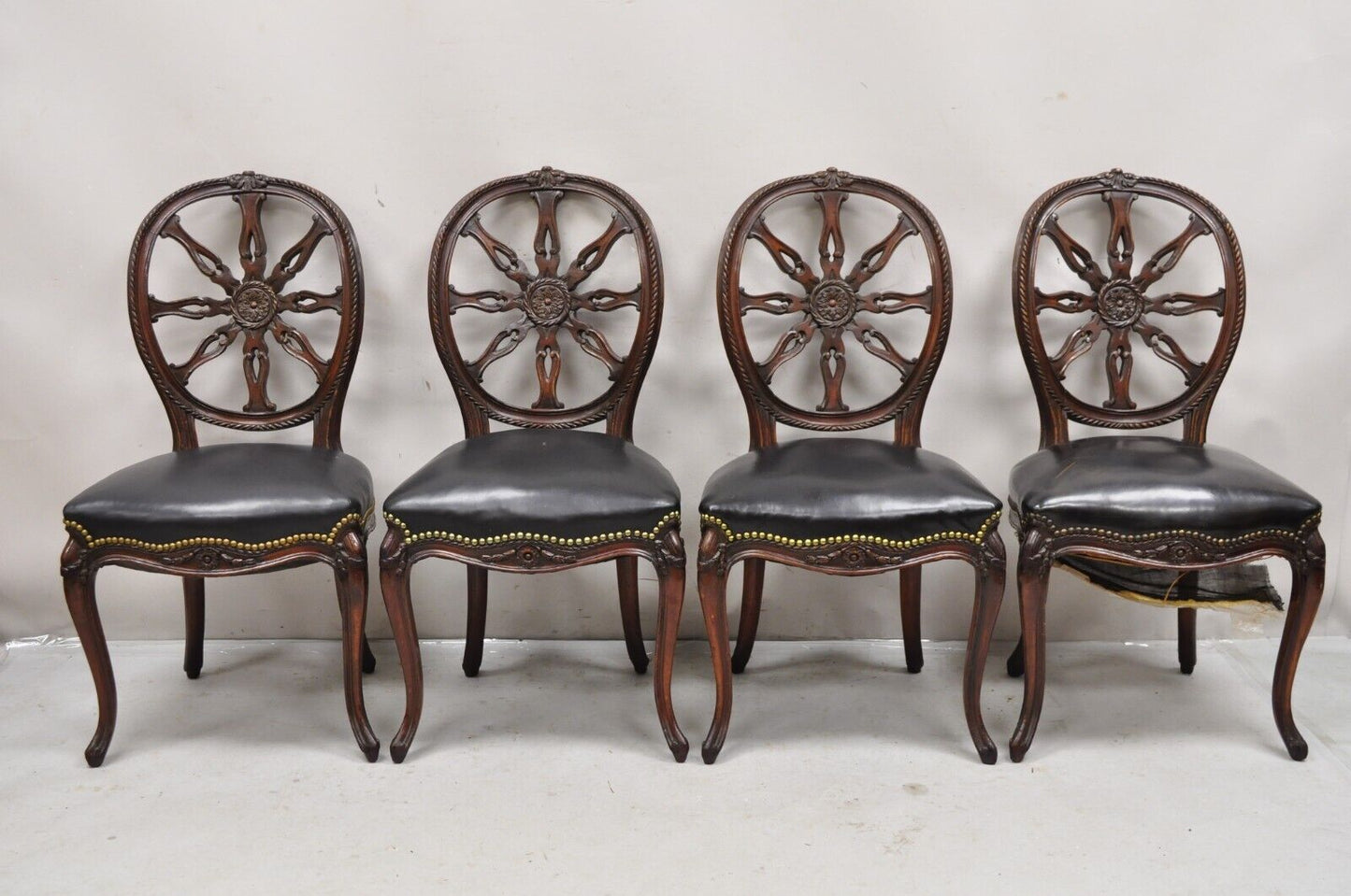 Antique Italian Neoclassical Pinwheel Carved Mahogany Dining Chairs - Set of 4