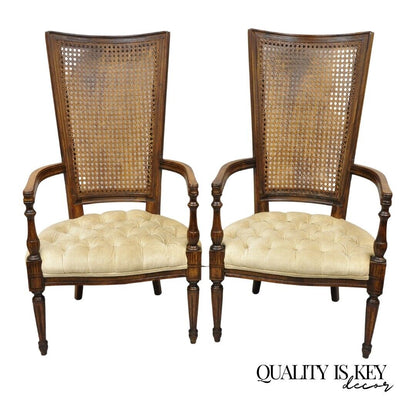 Vintage Hollywood Regency Tall Cane Back Fireside Lounge Armchairs - a Pair