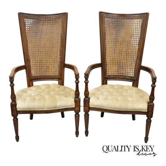 Vintage Hollywood Regency Tall Cane Back Fireside Lounge Armchairs - a Pair