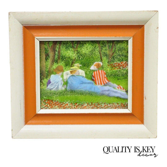 Daniel Belliard Enamel on Copper Small Framed Painting Friends Lounging in Grass