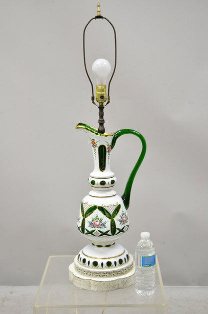 Antique Bohemian Czech Case Glass Green White Urn Ewer Table Lamp
