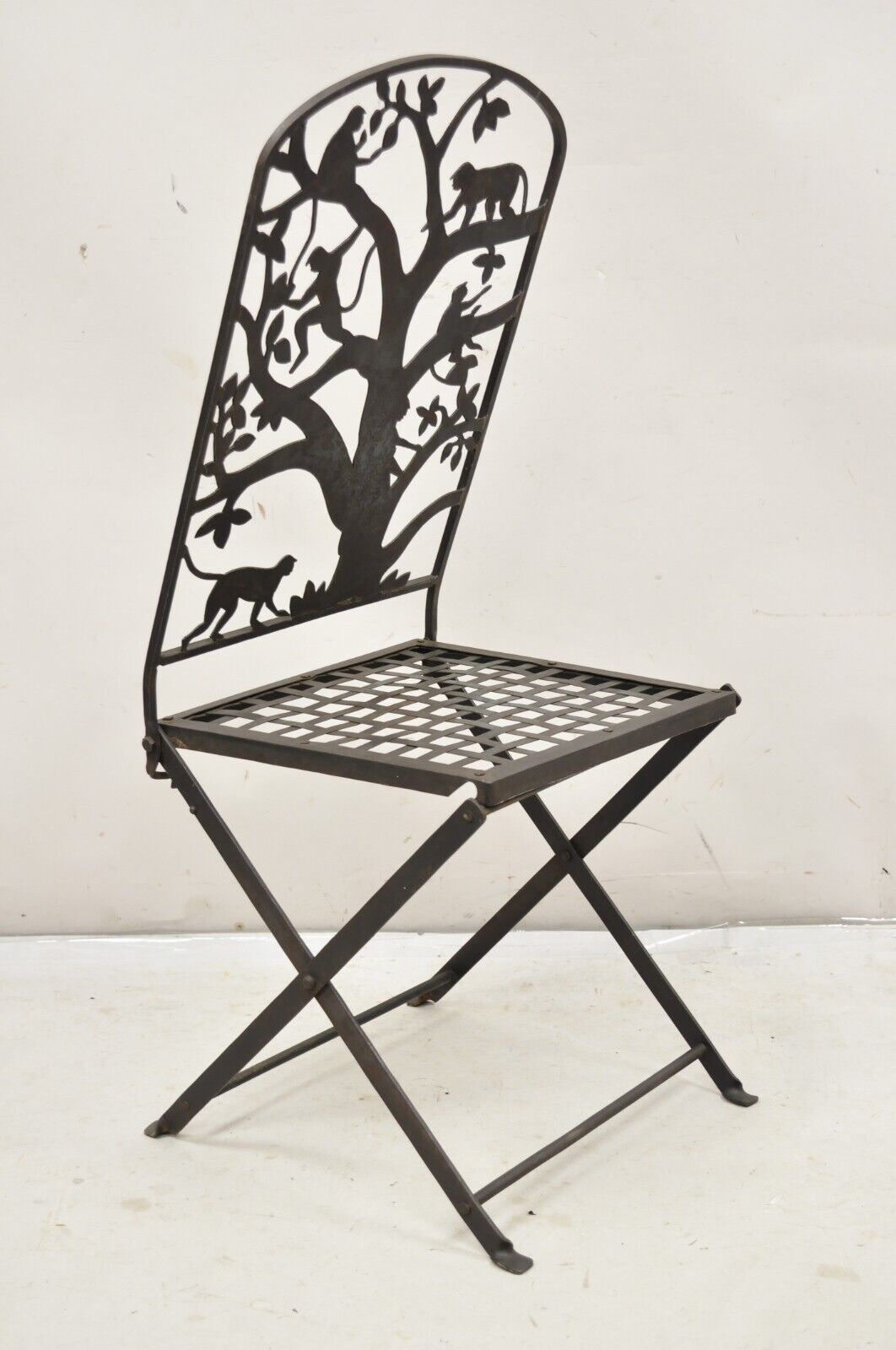 Vintage Wrought Iron Figural Monkeys In Tree Folding Garden Accent Chair