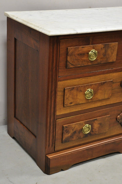 Eastlake Victorian White Marble Top Burl Walnut 3 Drawer Commode Dresser Chest