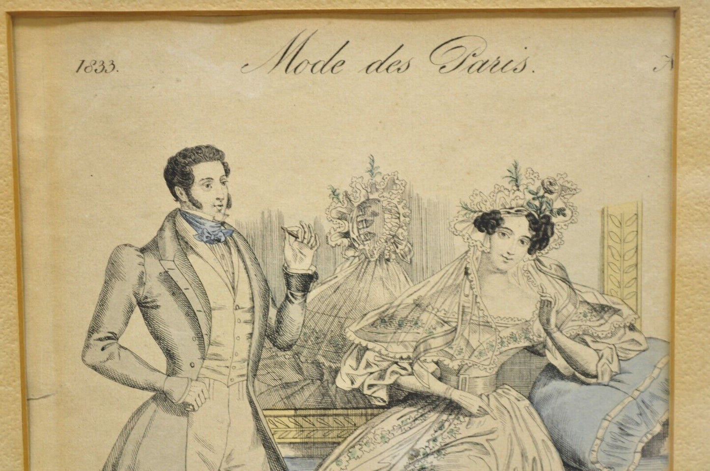 French 1830s Victorian Lithograph Print Couple Fashion Gown in Frames - a Pair