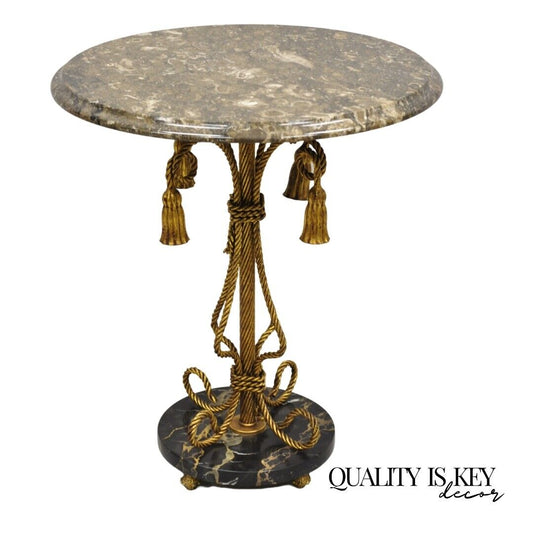 Vtg Italian Hollywood Regency Tassel Gold Iron Round Marble Top Small Side Table