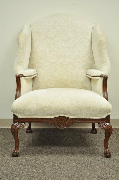 Oversized Carved Mahogany Ball and Claw Chippendale Style Wingback Arm Chair