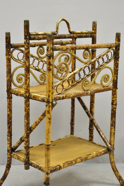 Antique English Victorian Charred Burnt Bamboo Magazine Rack Stand Shelf