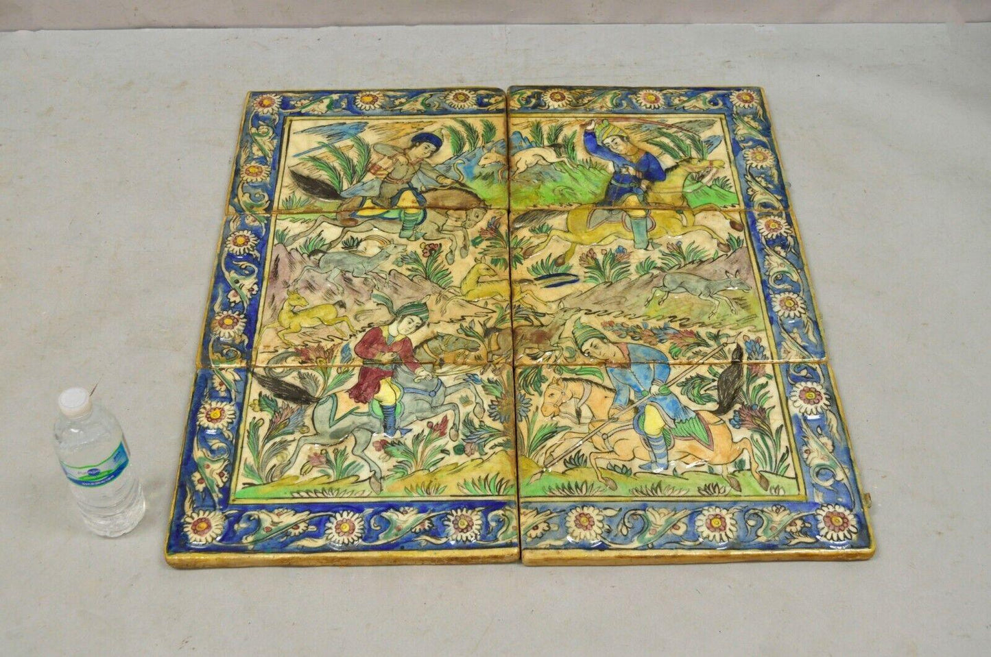 Antique Persian Iznik Qajar Style Ceramic Pottery Tile Mosaic Hunt Scene C7