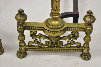 Antique French Empire Style Flame Finial Brass and Cast Iron Andirons - a Pair