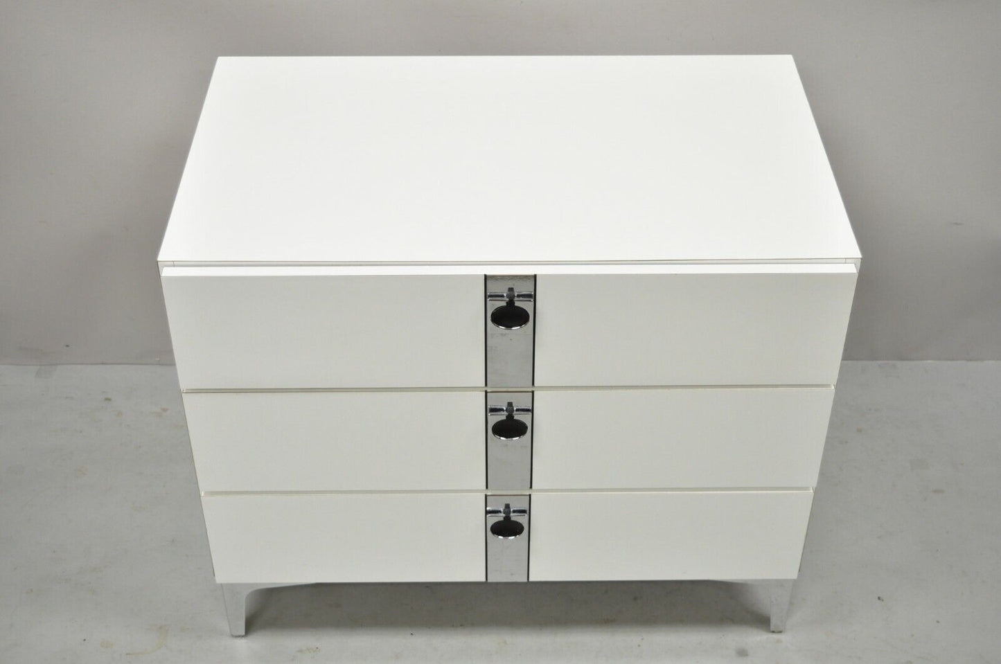 Contemporary Modern White Formica Chrome Trim 3 Drawer Chest Nightstand Table