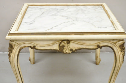 Vintage French Louis XV Style White Painted Marble Top Small Square Coffee Table