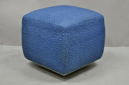 Vintage 1960s Square Pouf Ottoman Blue Stitched Fabric Rolling Casters Wheels
