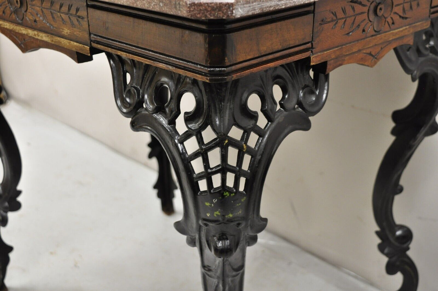 Antique Eastlake Victorian Marble Top Walnut Table with Cast Iron Legs