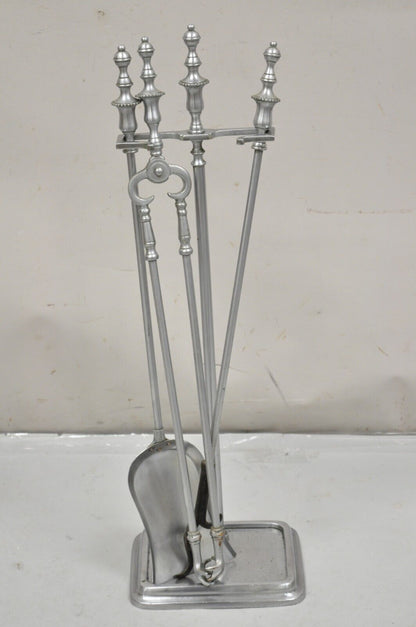 Vintage Silver Pewter Metal Federal Style Urn Finial Fireplace Tool Set-4 Pc Set