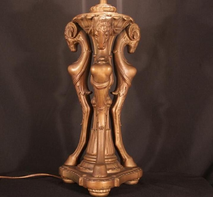 Vtg Triple Ram Goat Head Copper Clad Gold Neoclassical French Style Table Lamp