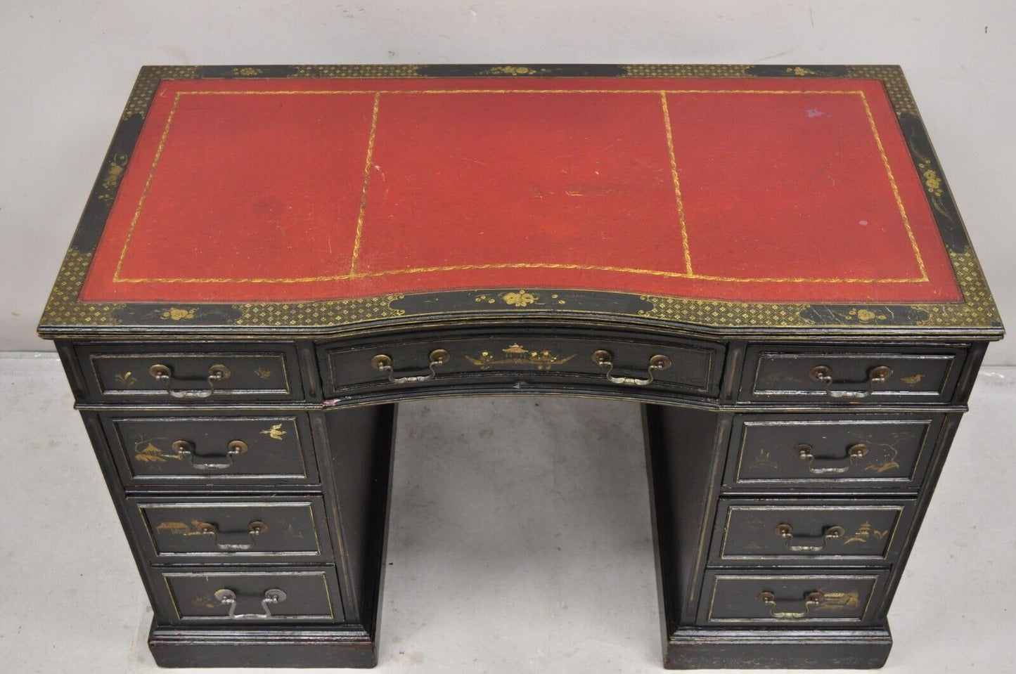 Vintage Chinoiserie Black Chinese Painted Red Leather Top Kneehole Writing Desk