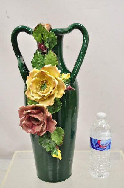 Vtg Victorian Style Green Ceramic Capodimonte 18" Vase with Pink Yellow Flowers