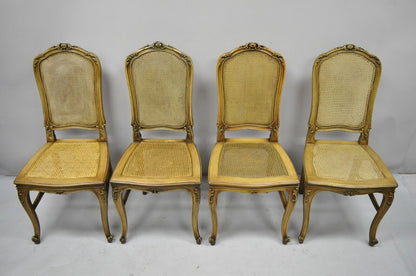 4 Antique French Provincial Louis XV Style Carved Walnut & Cane Dining Chairs
