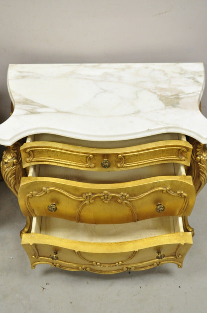 Vintage French Louis XV Style Gold Bombe Marble Top Nightstands - a Pair