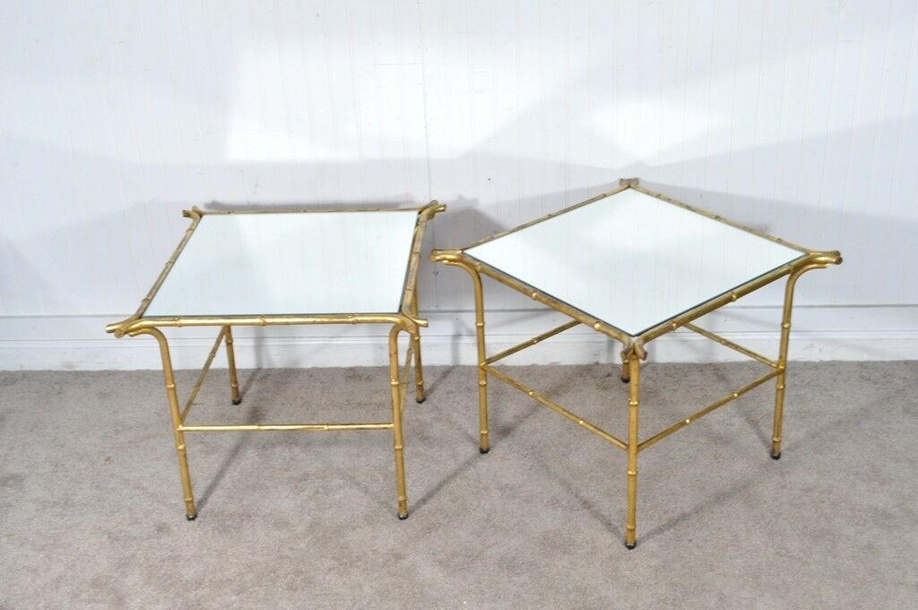 Pair Vintage Italian Hollywood Regency Faux Bamboo Gold Mirror Iron Side Tables