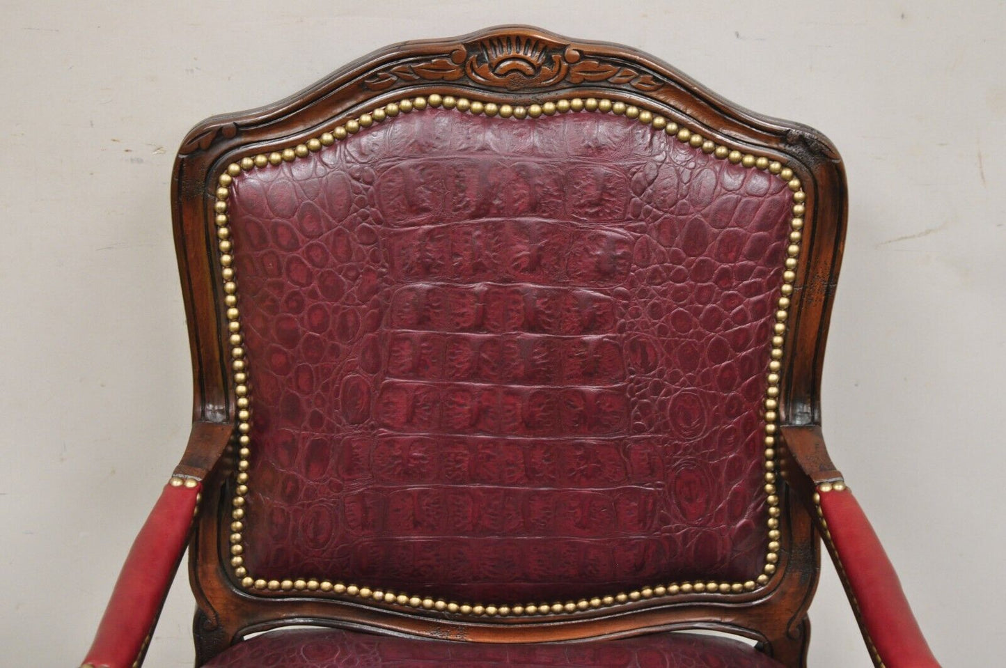 French Country Louis XV Style Burgundy Leather Faux Reptile Cowhide Armchair