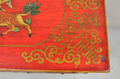 Tibetan Red and Green Hand Painted Wooden Buffet Cabinet Chest w/ Horse & Dragon