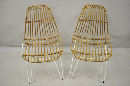 Modern White Wrought Iron Hairpin Leg Rattan Shell Dining Side Chairs - a Pair