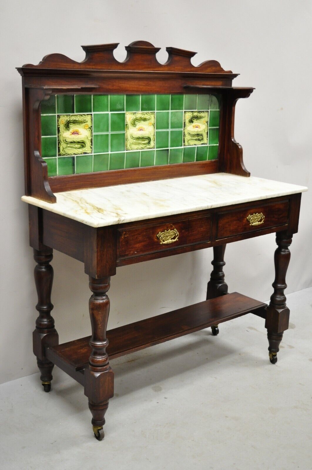 English Victorian Green Ceramic Tile Backsplash Marble Top Washstand Commode