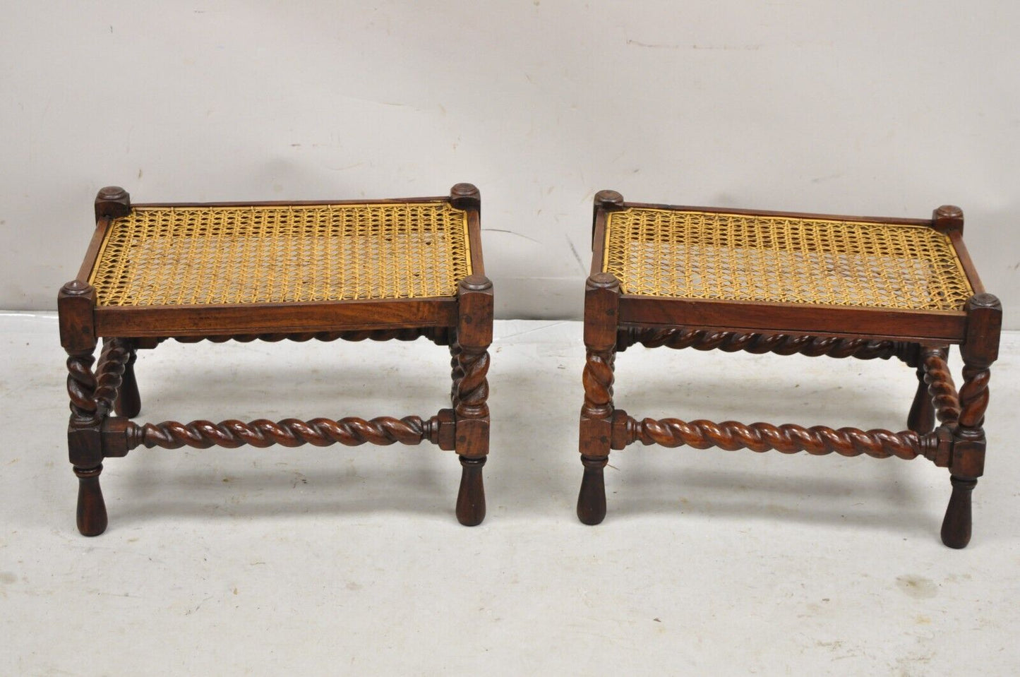 Antique Jacobean Turn Carved Walnut Handmade Cane Seat Footstool Ottoman - Pair